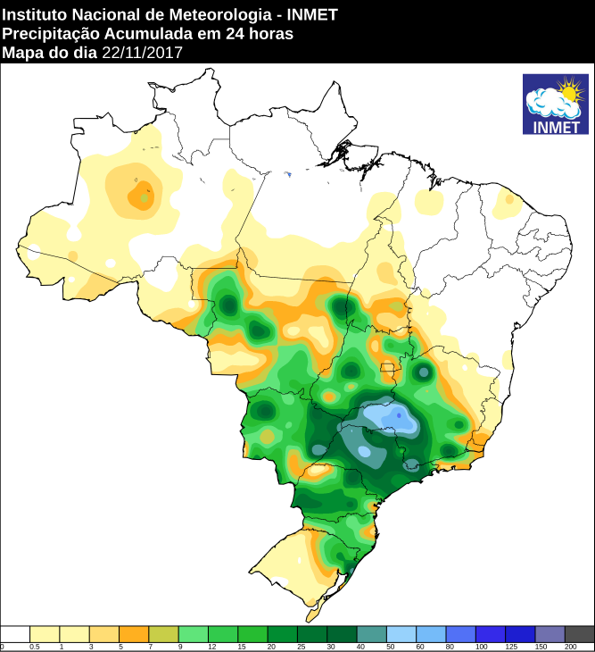 Mapa de precipitação acumulada na quarta-feira (22) em todo o Brasil - Fonte: Inmet