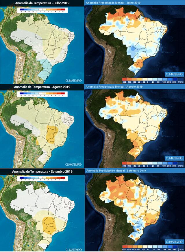 Mapas de anomalias de temperatura e precipitação para o inverno de 2019 em todo o Brasil - Fonte: Climatempo