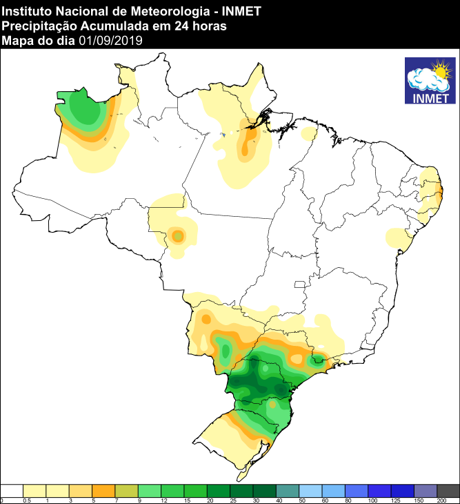 Mapa de precipitação acumulada das últimas 24 horas em todo o Brasil - Fonte: Inmet