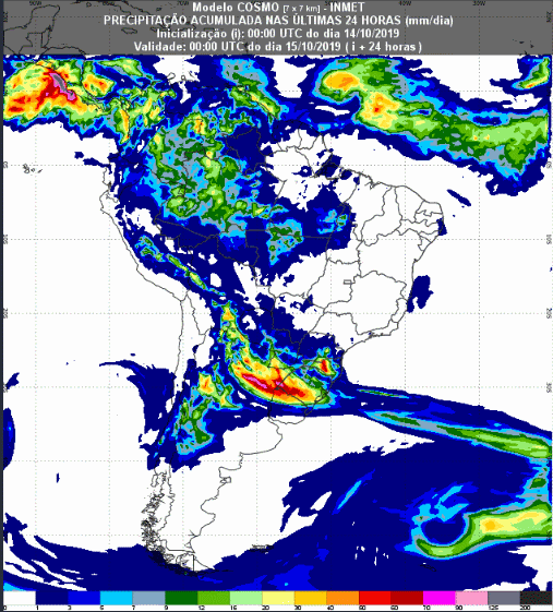 Mapa com a previsão de precipitação acumulada para até 93 horas (15/10 a 17/10) em todo o Brasil - Fonte: Inmet