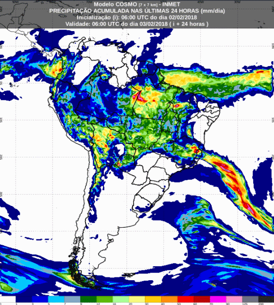 Mapa com a previsão de precipitação acumulada para até 72 horas (03/02 a 05/02) para todo o Brasil - Fonte: Inmet