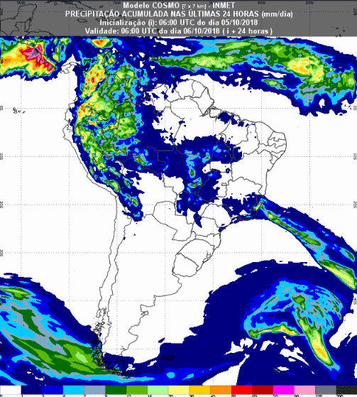 Mapa com a previsão de precipitação acumulada para até 72 horas (06/10 a 08/10) em todo o Brasil - Fonte: Inmet