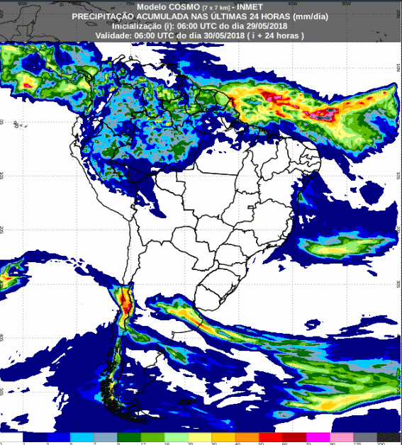 Mapa com a previsão de precipitação para até 72 horas (30/05 a 01/06) em todo o Brasil - Fonte: Inmet