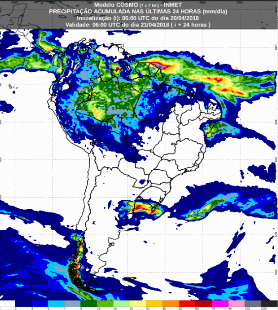 Mapa com a previsão de precipitação acumulada para até 72 horas (21/04 a 23/04) para todo o Brasil - Fonte: Inmet