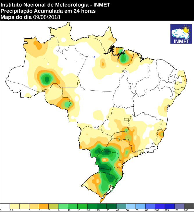 Mapa das áreas com precipitação acumulada nas últimas 24 horas em todo o Brasil - Fonte: Inmet