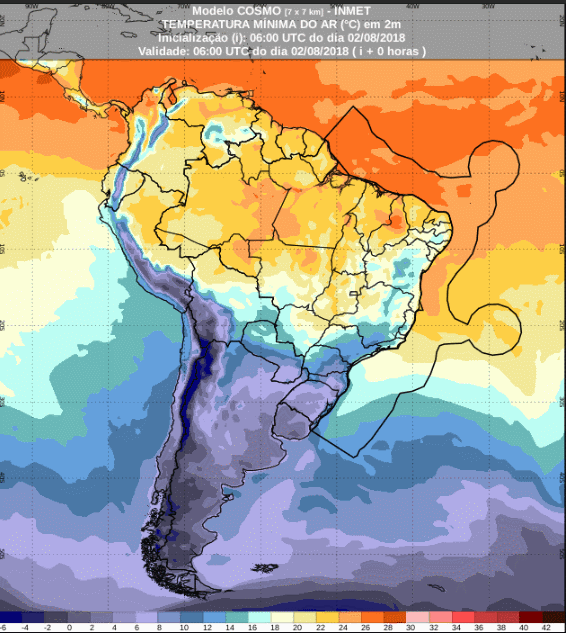Mapa com as temperaturas mínimas para até 72 horas (03/08 a 05/08) em todo o Brasil - Fonte: Inmet