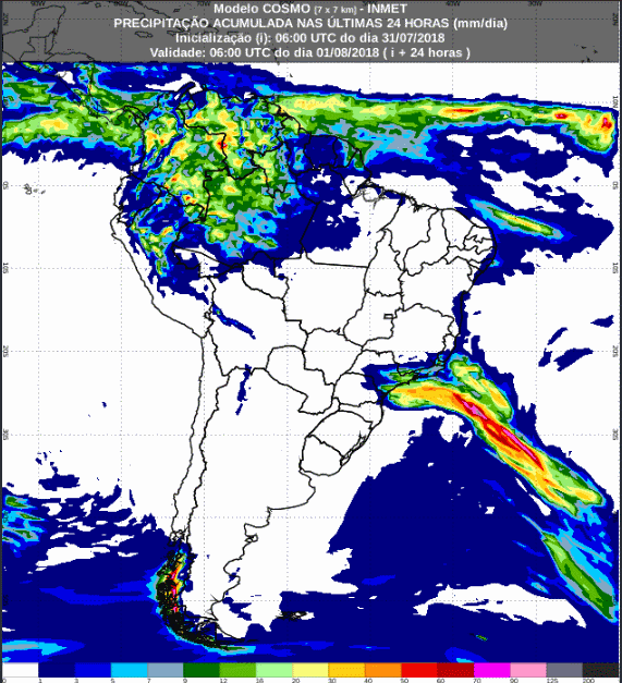 Mapa com a previsão de precipitação acumulada para até 72 horas (01/08 a 03/08) em todo o Brasil - Fonte: Inmet