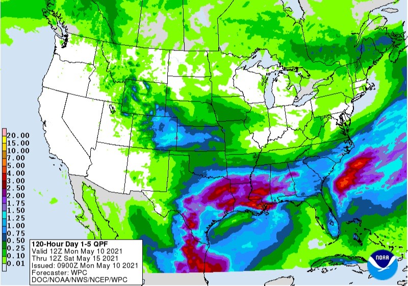 Chuvas nos EUA 10 a 15 de maio - NOAA