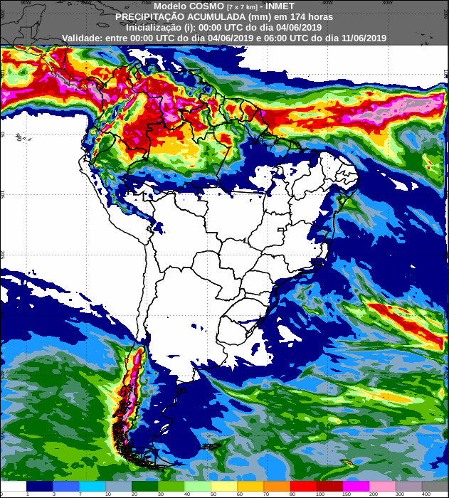 Mapa com a previsão de precipitação acumulada para os próximos sete dias - Fonte: Inmet