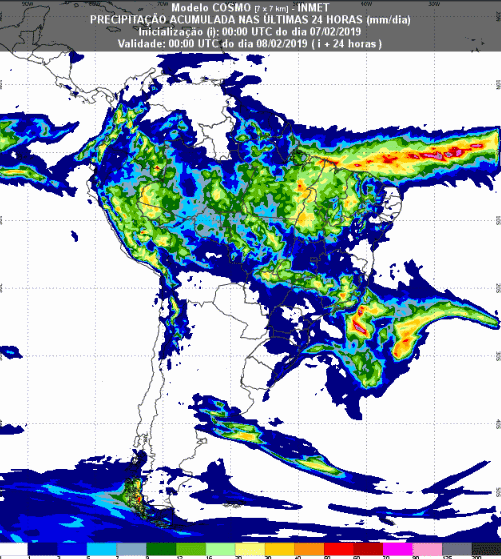 Mapa com a previsão de precipitação acumulada para até 174 horas (08/02 a 14/02) em todo o Brasil - Fonte: Inmet