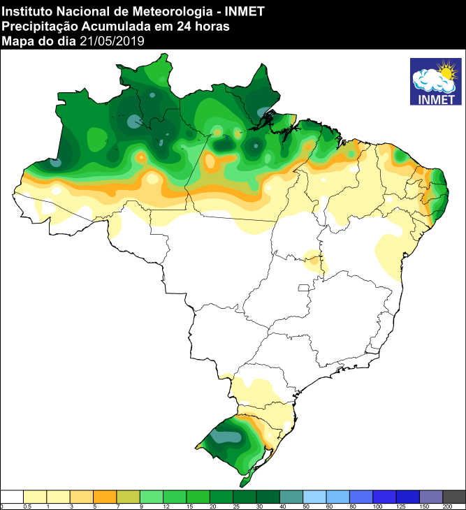 Mapa de precipitação acumulada das últimas 24 horas em todo o Brasil - Fonte: Inmet