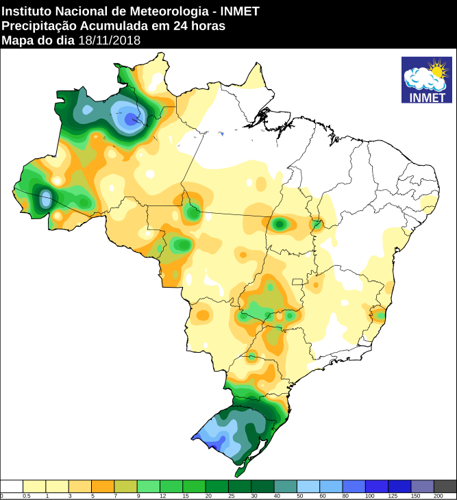 Mapa de precipitação acumulada nas últimas 24 horas em todo o Brasil - Fonte: Inmet
