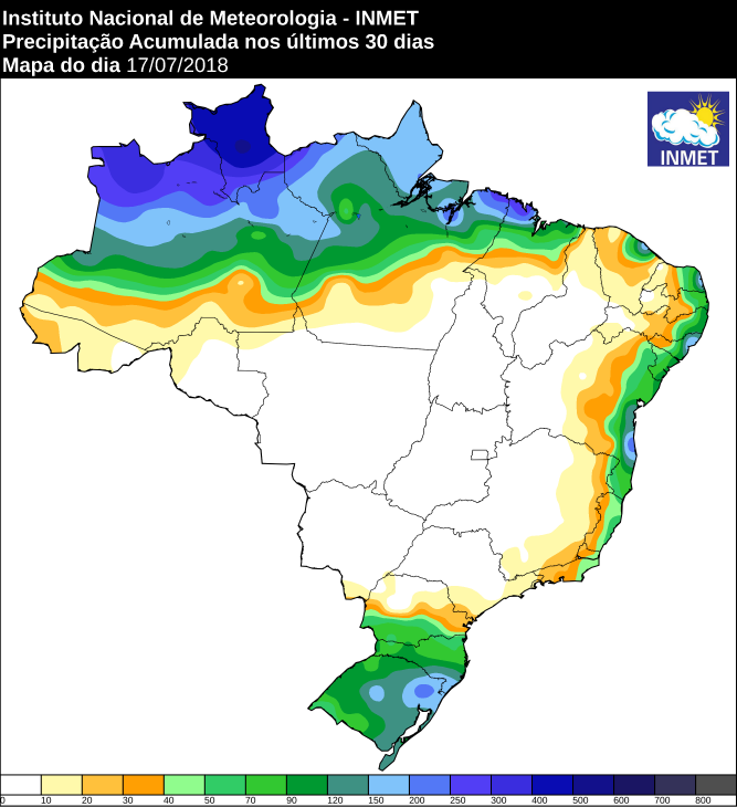 Mapa com a precipitação acumulada nos últimos 30 dias em todo o Brasil - Fonte: Inmet