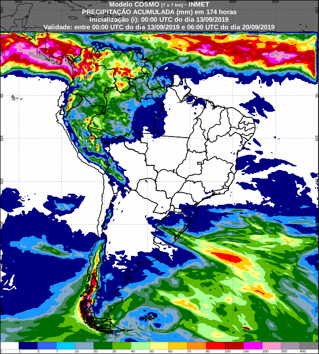 Mapa de precipitação acumulada para os próximos sete dias em todo o Brasil - Fonte: Inmet