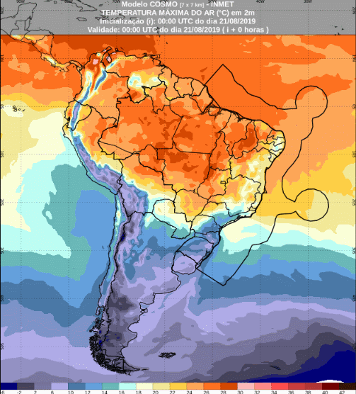 Mapa com a previsão de temperatura máxima para até 93 horas (21/08 a 24/08) em todo o Brasil - Fonte: Inmet