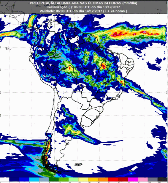 Mapa com a previsão de precipitação acumulada para até 72 horas (13/12 a 15/12) para todo o Brasil - Fonte: Inmet