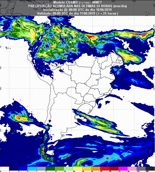 Mapa com a previsão de precipitação acumulada para até 93 horas (11/06 a 13/06) em todo o Brasil - Fonte: Inmet