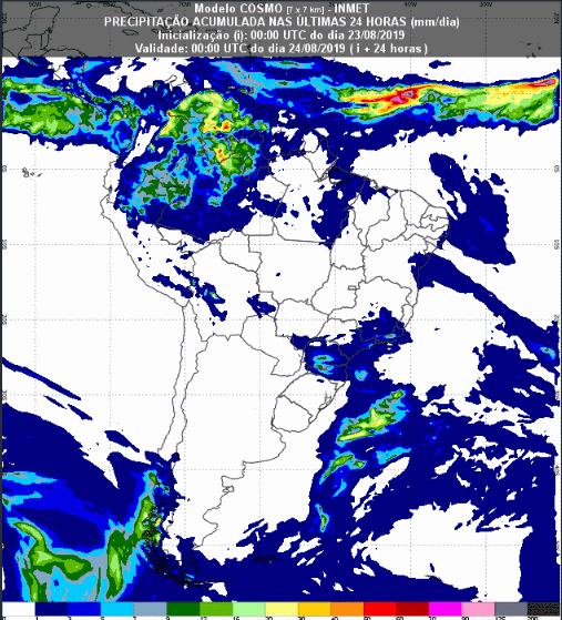 Mapa com a previsão de precipitação acumulada para até 93 horas (24/08 a 26/08) em todo o Brasil - Fonte: Inmet