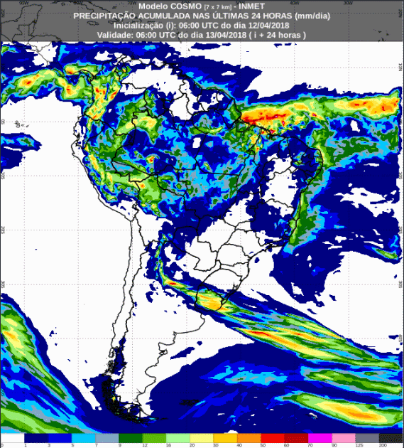 Mapa com a previsão de precipitação acumulada para até 72 horas (13/04 a 15/04) para todo o Brasil - Fonte: Inmet