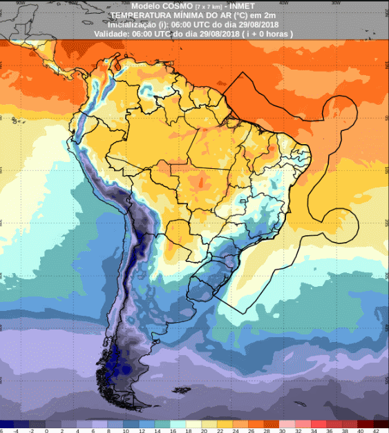 Mapa com a previsão de temperatura mínima para até 72 horas (30/08 a 01/09) em todo o Brasil - Fonte: Inmet