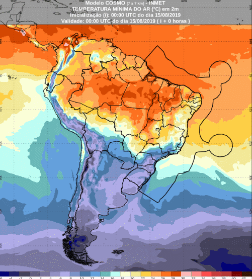 Mapa com a previsão de temperatura mínima para até 93 horas (15/08 a 18/08) em todo o Brasil - Fonte: Inmet