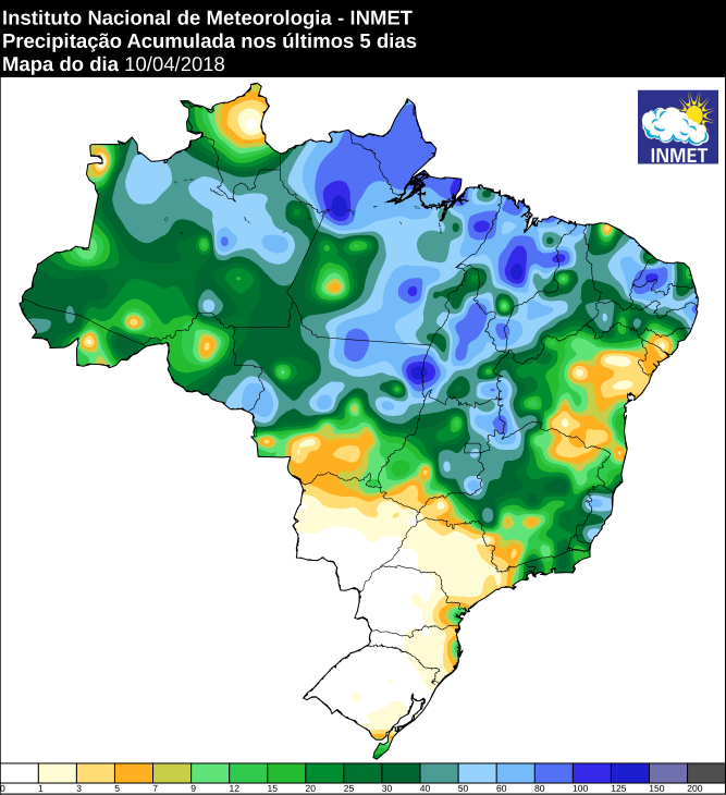 Mapa com a precipitação acumulada em todo o Brasil nos últimos cinco dias - Fonte: Inmet