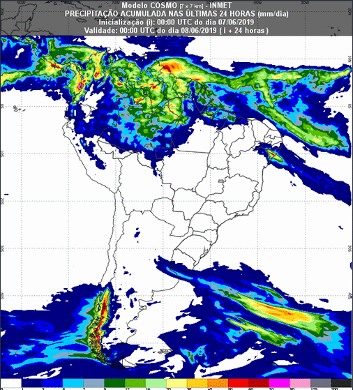 Mapa com a previsão de precipitação acumulada para até 93 horas (08/06 a 11/06) em todo o Brasil - Fonte: Inmet