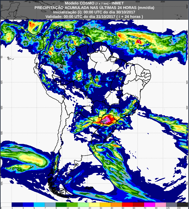 Mapa com a previsão de precipitação acumulada para até 174 horas (31/10 a 06/11) para todo o Brasil - Fonte: Inmet