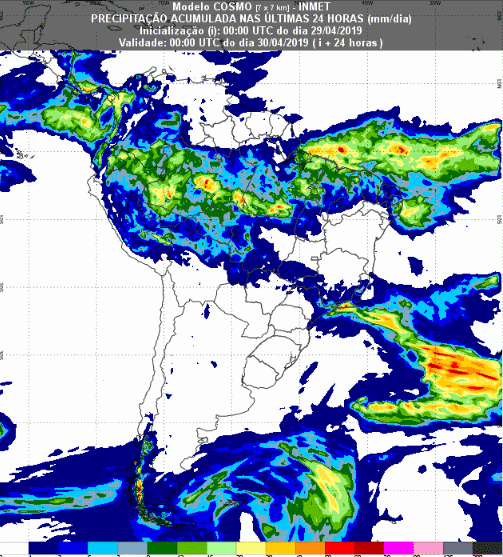 Mapa com a previsão de precipitação acumulada para até 93 horas (30/04 a 02/05) em todo o Brasil - Fonte: Inmet