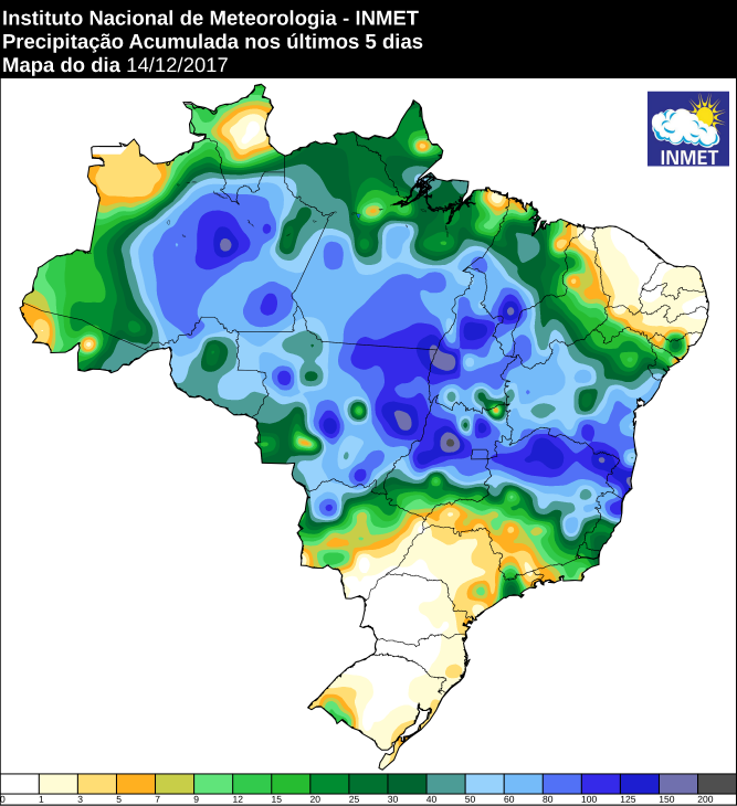 Mapa de precipitação acumulado dos últimos cinco dias em todo o Brasil - Fonte: Inmet