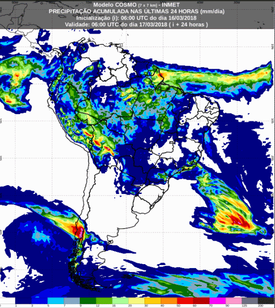 Mapa com a previsão de precipitação acumulada para até 72 horas (17/03 a 19/03) para todo o Brasil - Fonte: Inmet