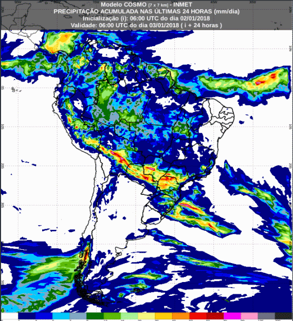 Mapa com a previsão de precipitação acumulada para até 72 horas (03/12 a 05/12) para todo o Brasil - Fonte: Inmet