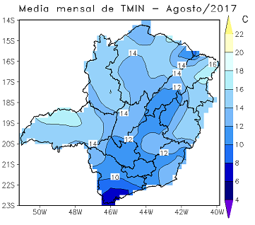 Figura 3 –Anomalias e Média mensal de temperatura: (a,c) máxima e (b,d) mínima, no mês de Agosto/2017