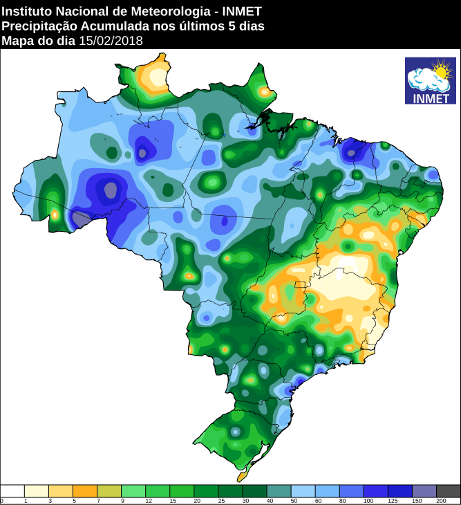 Mapa com a chuva acumulada no Brasil nos últimos cinco dias - Fonte: Inmet
