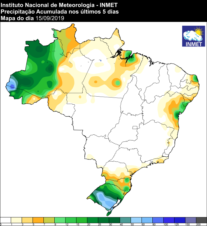 Mapa de precipitação acumulada dos últimos 5 dias em todo o Brasil - Fonte: Inmet