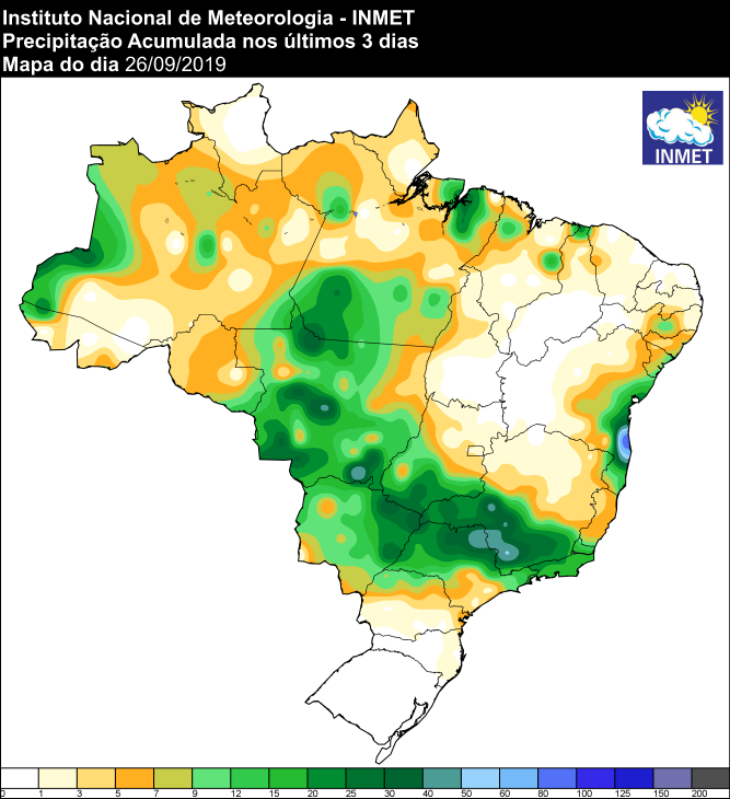 Mapa de precipitação acumulada dos últimos 3 dias em todo o Brasil - Fonte: Inmet