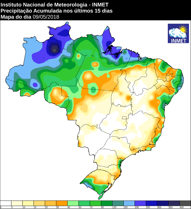 Mapa com precipitação acumulada nos últimos 15 dias em todo o Brasil - Fonte: Inmet