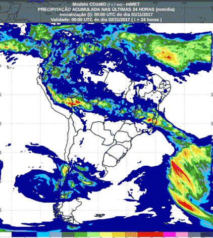 Mapa com a previsão de precipitação acumulada para até 174 horas (02/11 a 08/11) para todo o Brasil - Fonte: Inmet