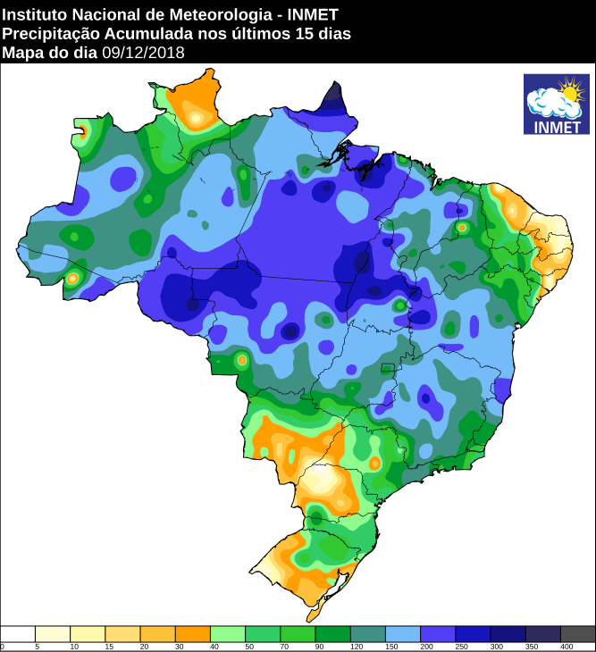 Mapa de precipitação acumulada dos últimos 15 dias em todo o Brasil - Fonte: Inmet