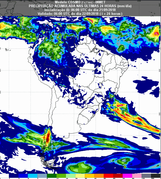 Mapa com a previsão de precipitação acumulada para até 72 horas (22/08 a 24/09) em todo o Brasil - Fonte: Inmet