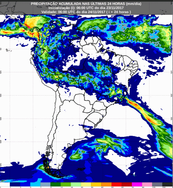 Mapa com a previsão de precipitação acumulada para até 72 horas (24/11 a 26/11) para todo o Brasil - Fonte: Inmet
