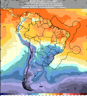 Mapa com a previsão de temperatura mínima para até 174 horas (22/05 a 29/05) para todo o Brasil - Fonte: Inmet