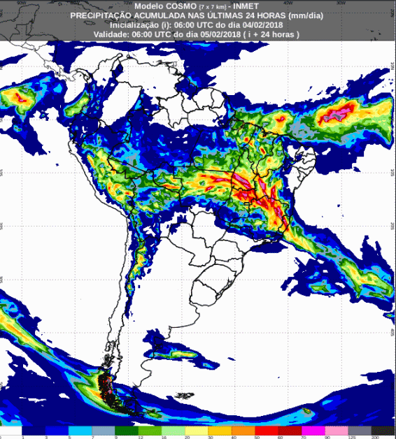 Mapa com a previsão de precipitação acumulada para até 72 horas (05/02 a 07/02) para todo o Brasil - Fonte: Inmet