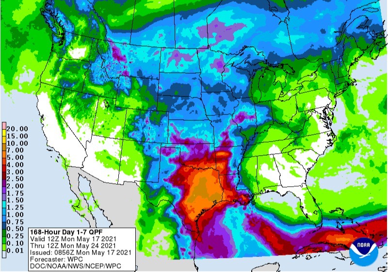 Chuvas previstas para os EUA nos próximos 7 dias - Fonte: NOAA