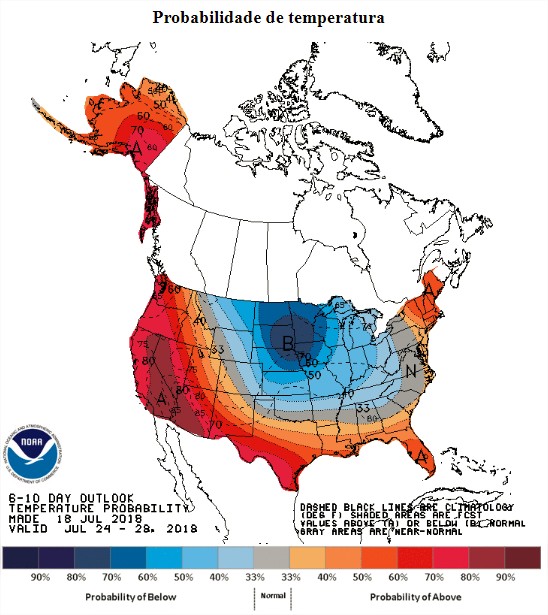 Previsão de temperaturas nos EUA entre os dias 24 a 28 de julho - Fonte: NOAA
