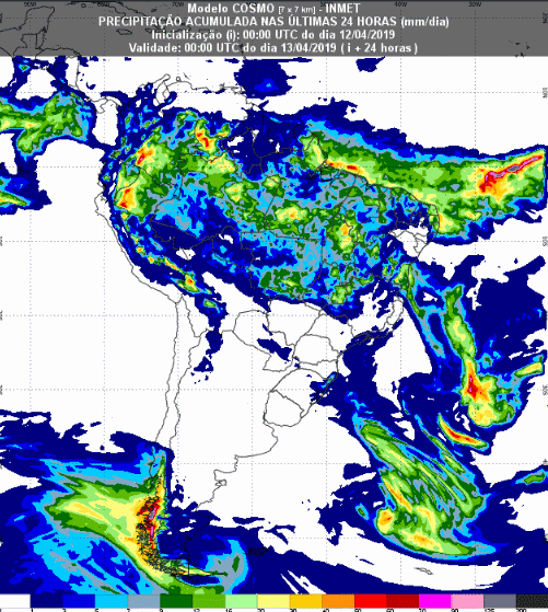 Mapa com a previsão de precipitação acumulada para até 72 horas (13/04 a 16/04) em todo o Brasil - Fonte: Inmet