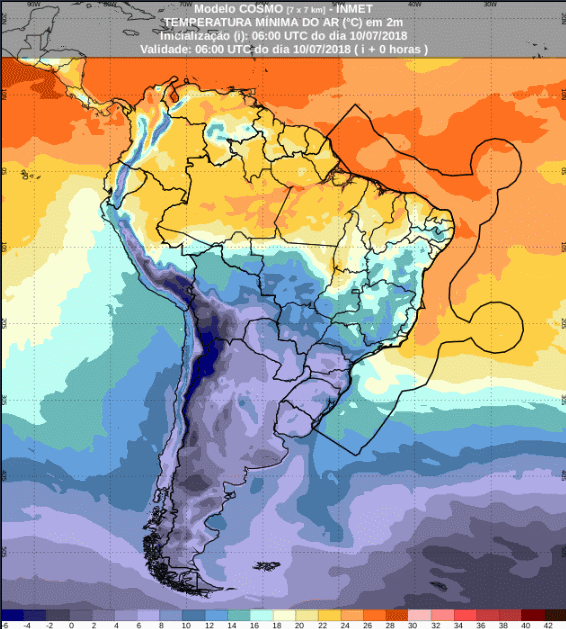 Mapa com a previsão de temperatura mínima para até 42 horas (10/07 a 12/07) em todo o Brasil - Fonte: Inmet