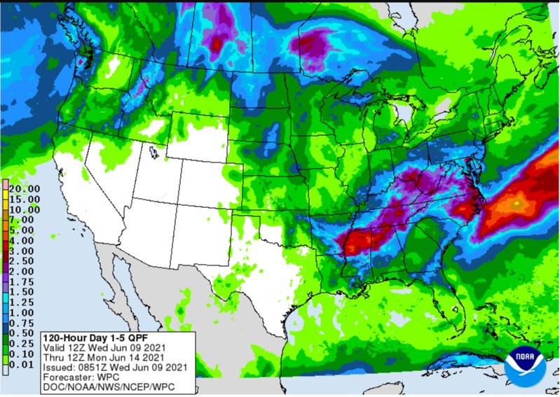 Chuvas nos EUA de 9 a 14 de junho de 2021 - Fonte: NOAA
