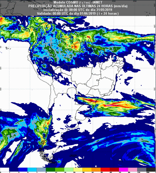 Mapa com a previsão de precipitação acumulada para até 93 horas (01/06 a 03/06) em todo o Brasil - Fonte: Inmet