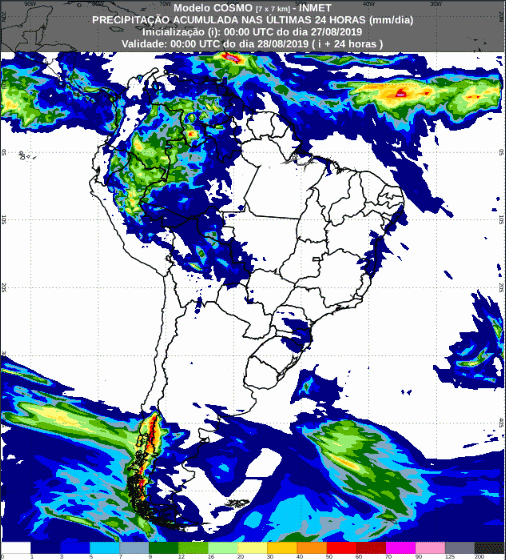 Mapa com a previsão de precipitação acumulada para até 93 horas (28/08 a 30/08) em todo o Brasil - Fonte: Inmet